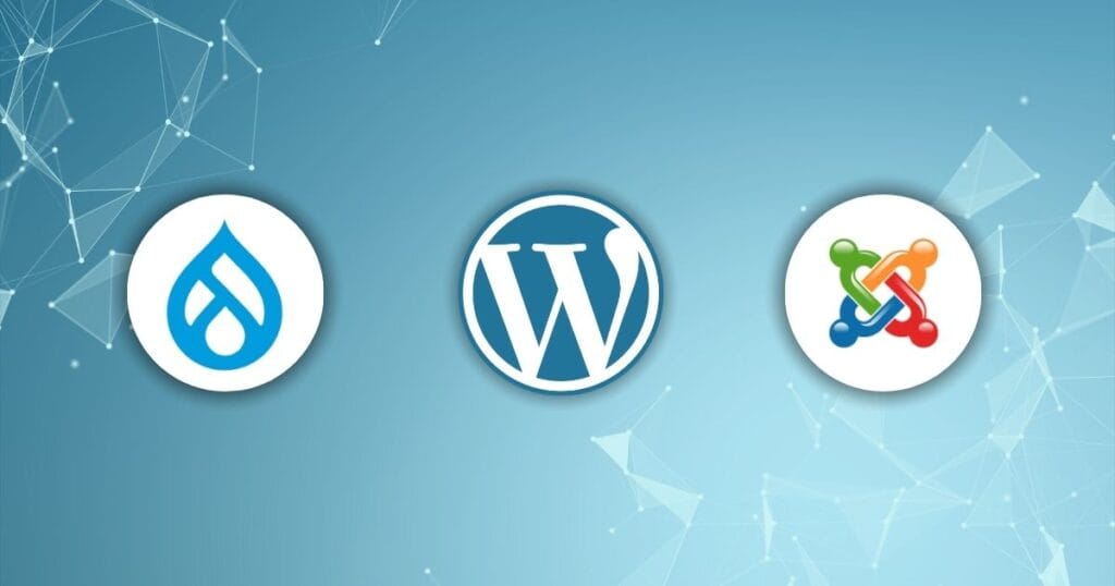 Logos of Drupal, WordPress, and Joomla on a light blue background, representing popular content management systems.