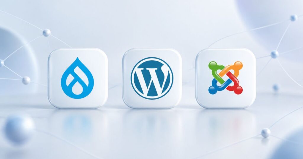 Three logos: Drupal, WordPress, and Joomla on white background, representing popular content management systems.
