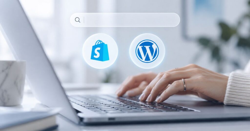 Person typing on a laptop with search icons for Shopify and WordPress, emphasizing online commerce and website creation.