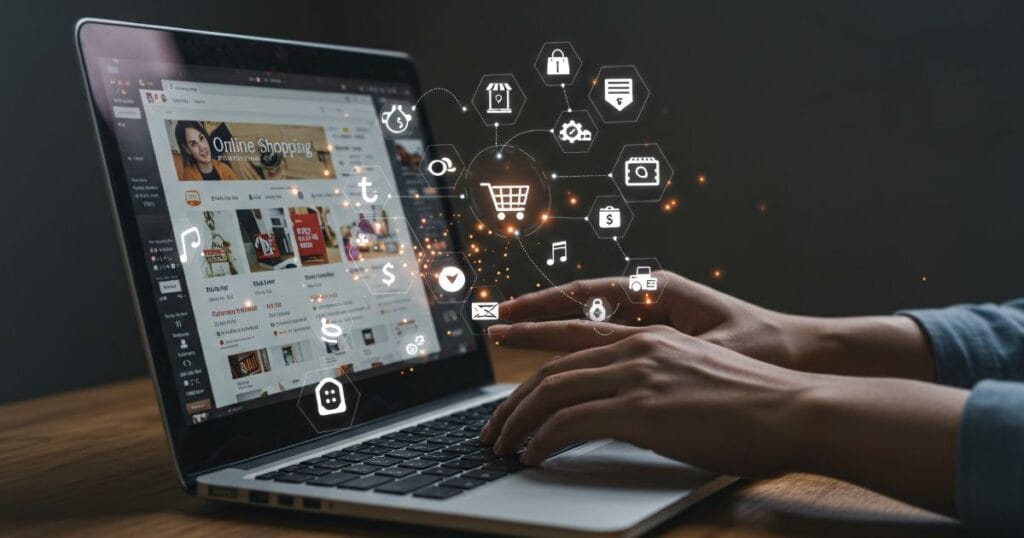 Person shopping online on a laptop, with dynamic e-commerce icons representing various digital services and products.