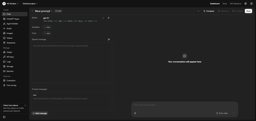 A dark-themed interface showcasing a prompt editor for an AI chatting application.