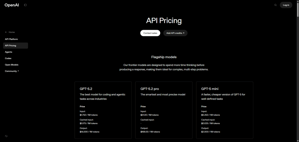 API pricing page featuring various models, including GPT-5.2, GPT-5.2 pro, and GPT-5 mini, with pricing details listed.