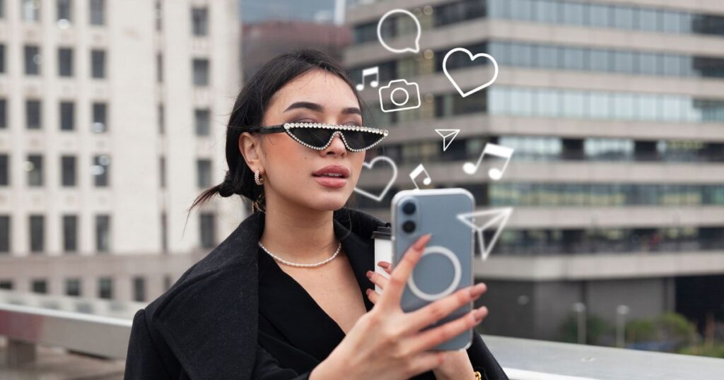A fashionable woman in sunglasses holds a smartphone, surrounded by playful music notes and social media icons.