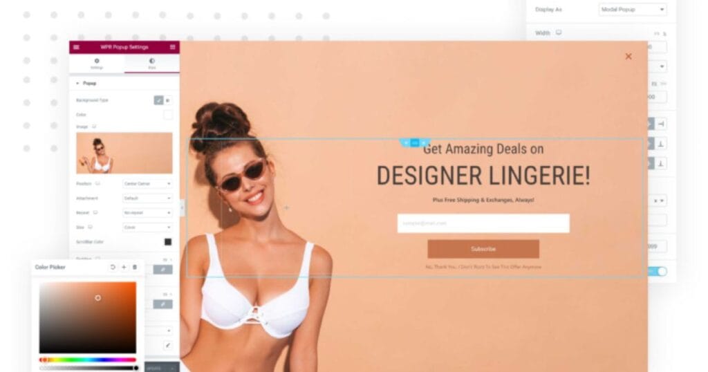 Woman in a white bikini promoting designer lingerie, with an email subscription form and vibrant background.