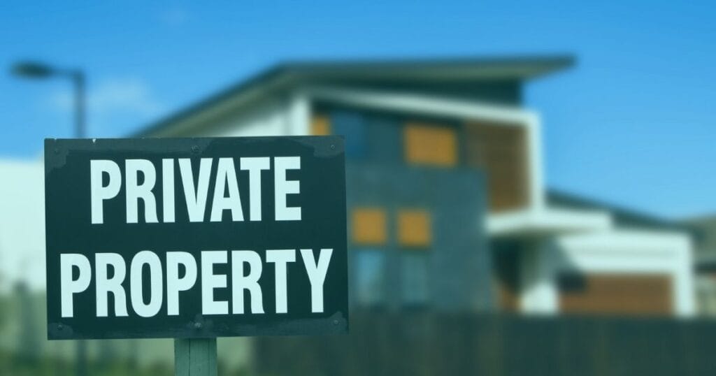 Black and white "Private Property" sign in front of a modern house, indicating restricted access to the area.