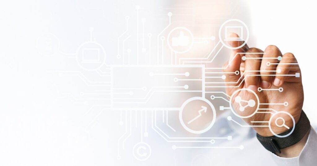 A person interacts with a digital interface displaying circuit patterns and icons, symbolizing technology and innovation.
