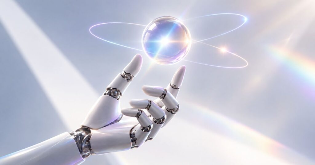 A futuristic robotic hand holds a glowing, floating orb, surrounded by soft light and gentle reflections.