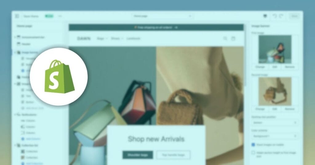 Shopify interface showcasing new arrivals with a shopping bag icon; emphasizes online shopping experience.