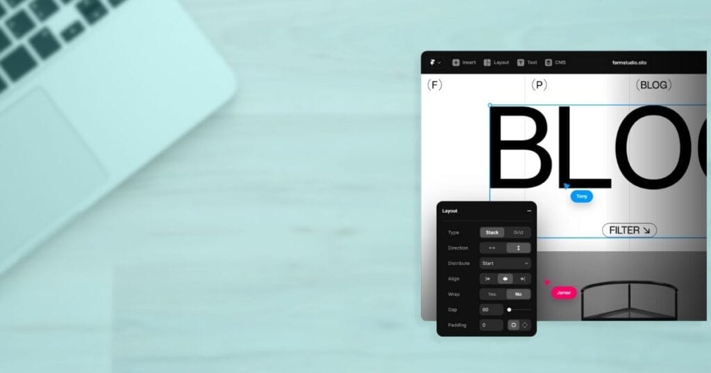 Design interface showcasing text editing options for a blog layout on a computer screen, with a laptop in the background.