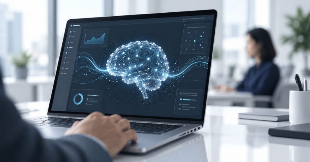 A person using a laptop displaying a glowing digital brain graphic, symbolizing AI and data analysis in a modern office.