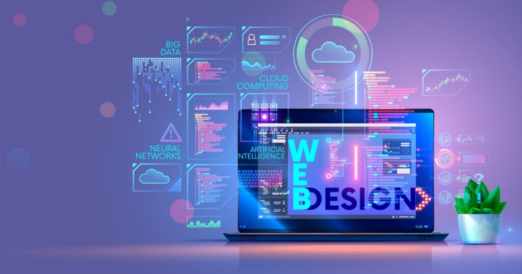 Laptop displaying web design concepts with cloud computing and AI graphics, surrounded by data visualization elements.