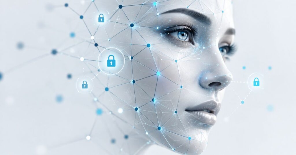 A digital face with neural connections and security padlocks, representing AI and data protection concepts.