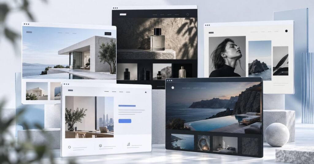 A collage of modern website designs showcasing luxury lifestyle products and stunning landscapes.