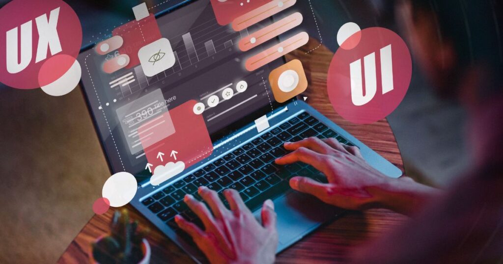 Person typing on a laptop with UI/UX design elements and graphics displayed on the screen, illustrating digital design work.