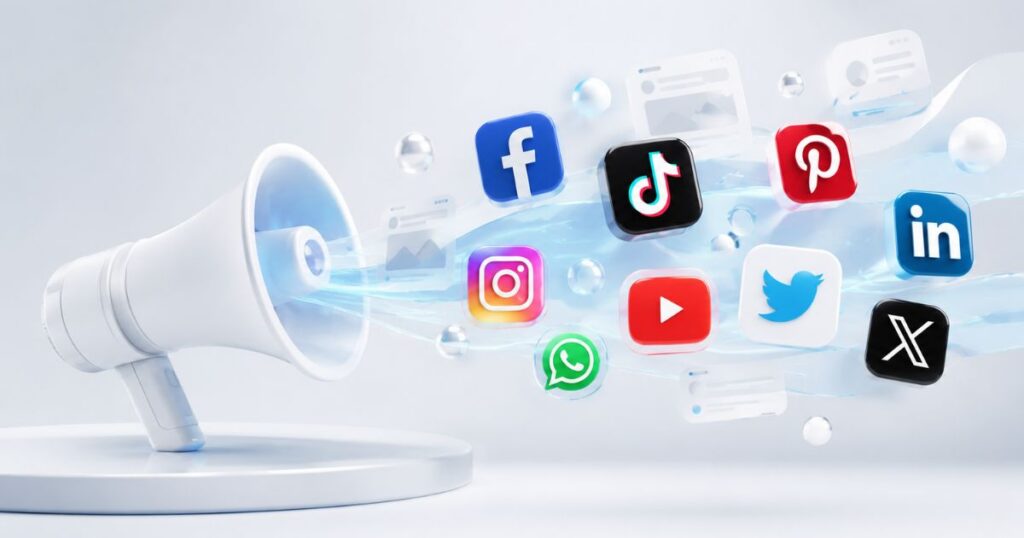 A megaphone projects various social media icons, symbolizing digital communication and marketing.