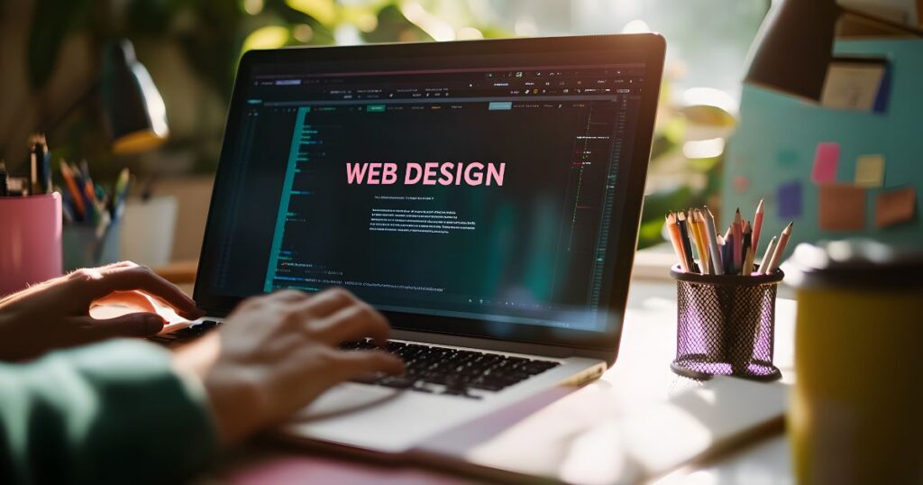 Person designing a website on a laptop, showcasing web design code and vibrant workspace elements.