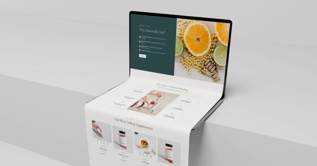 A foldable tablet displaying a vibrant wellness website featuring citrus fruits and supplement products.