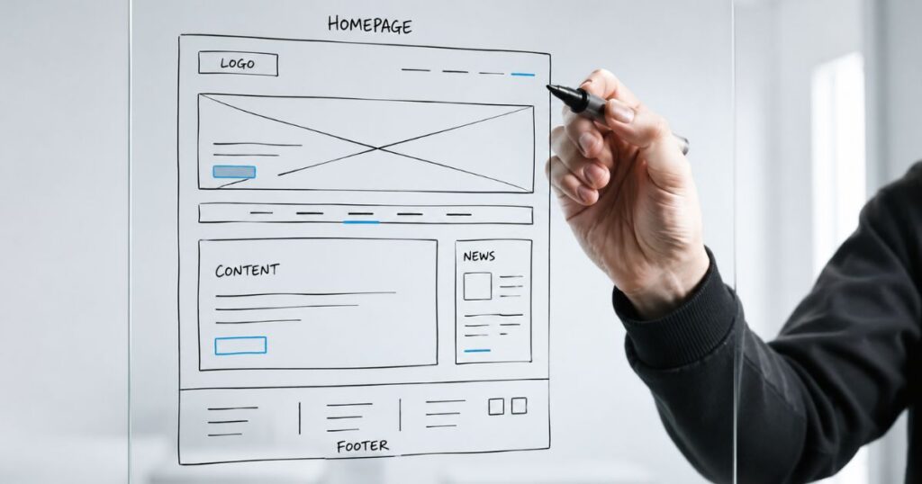 A person sketches a website wireframe on a transparent board, illustrating layout components for a homepage design.