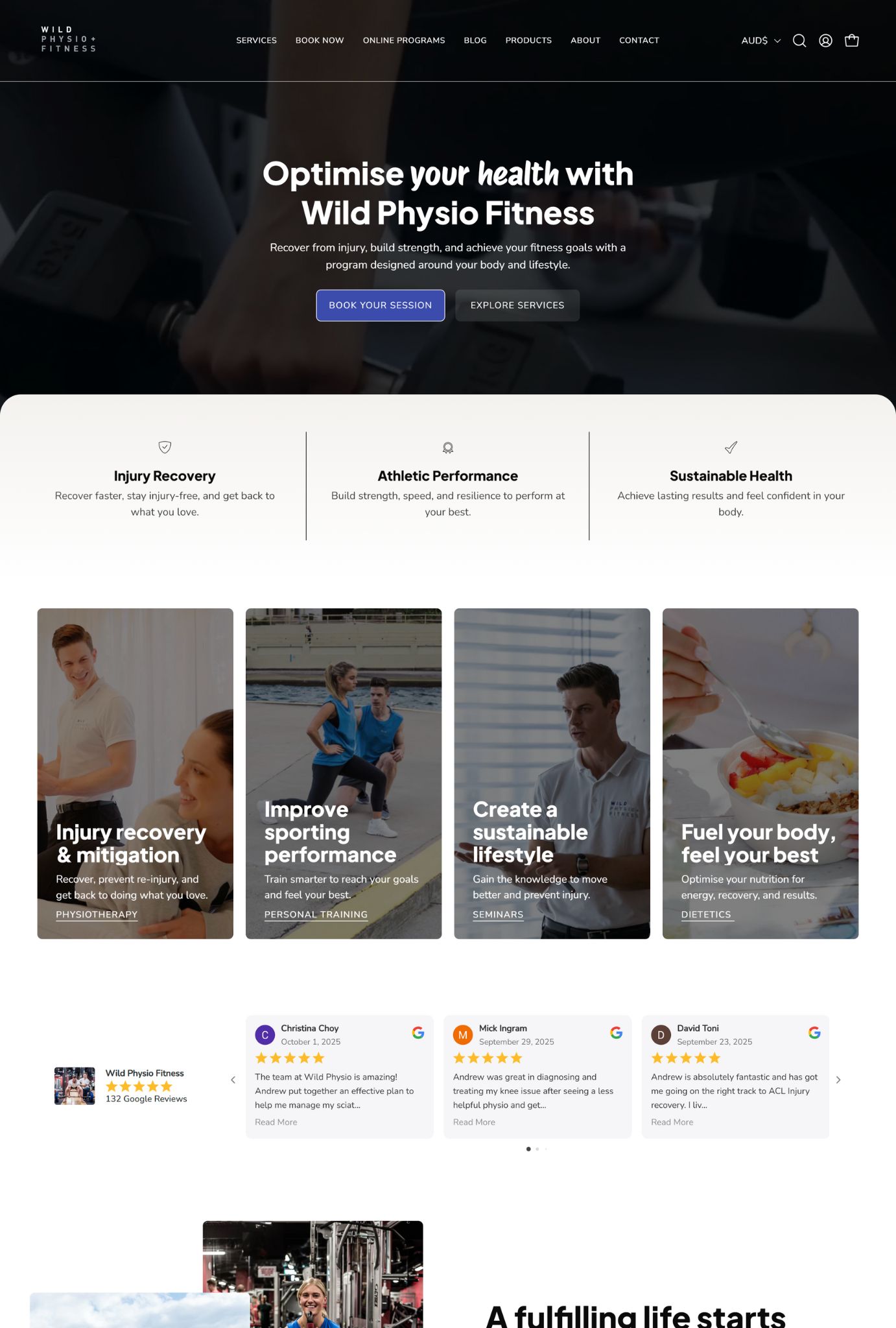 Website homepage for Wild Physio Fitness, showcasing services for injury recovery, athletic performance, and sustainable heal