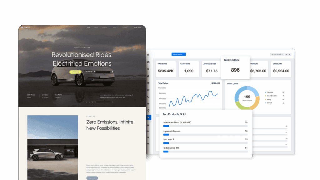 A sleek electric vehicle showcased on a website with sales statistics and product listings displayed on adjacent screens.