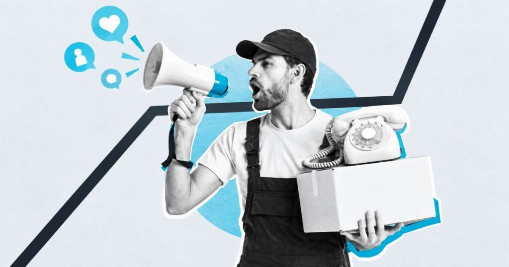 A delivery person shouting into a megaphone, holding a box and a retro telephone against a minimalist background.
