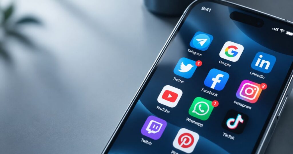 Smartphone displaying popular social media apps including Twitter, Facebook, Instagram, and TikTok on a sleek background.