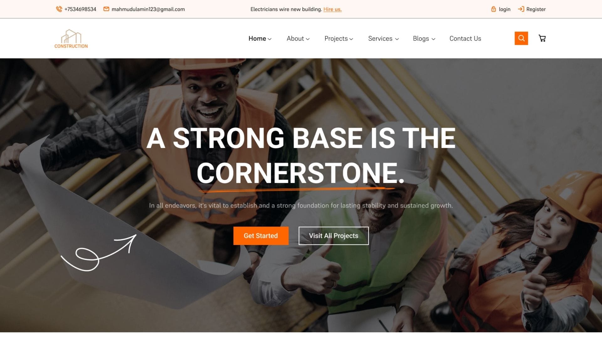 Three construction workers in safety gear smiling on a construction site, emphasizing teamwork and strong foundations.