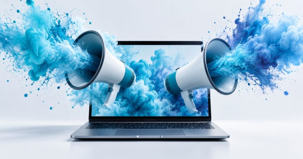 A laptop displays two megaphones, with blue smoke swirling around, symbolizing communication and digital engagement.