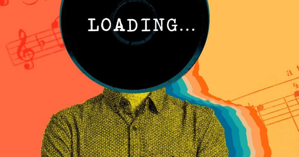 A person with a vinyl record for a head stands confidently against a colorful music-themed background.