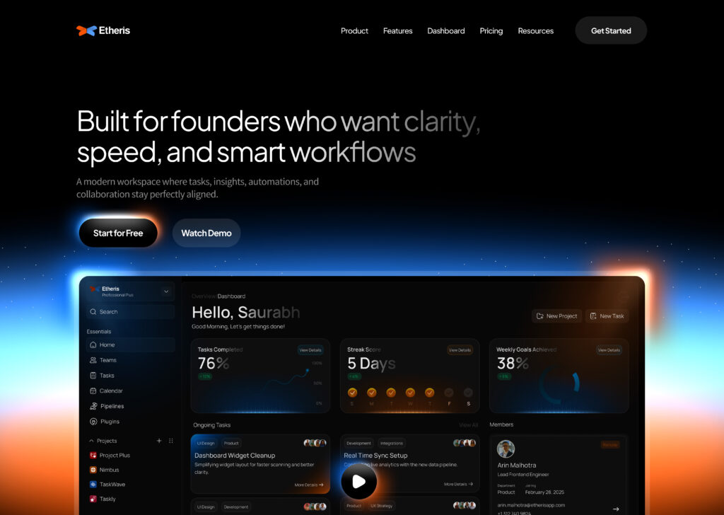 Premium brand website design by Aesthetic digital marketing agency: Etheris hero section
