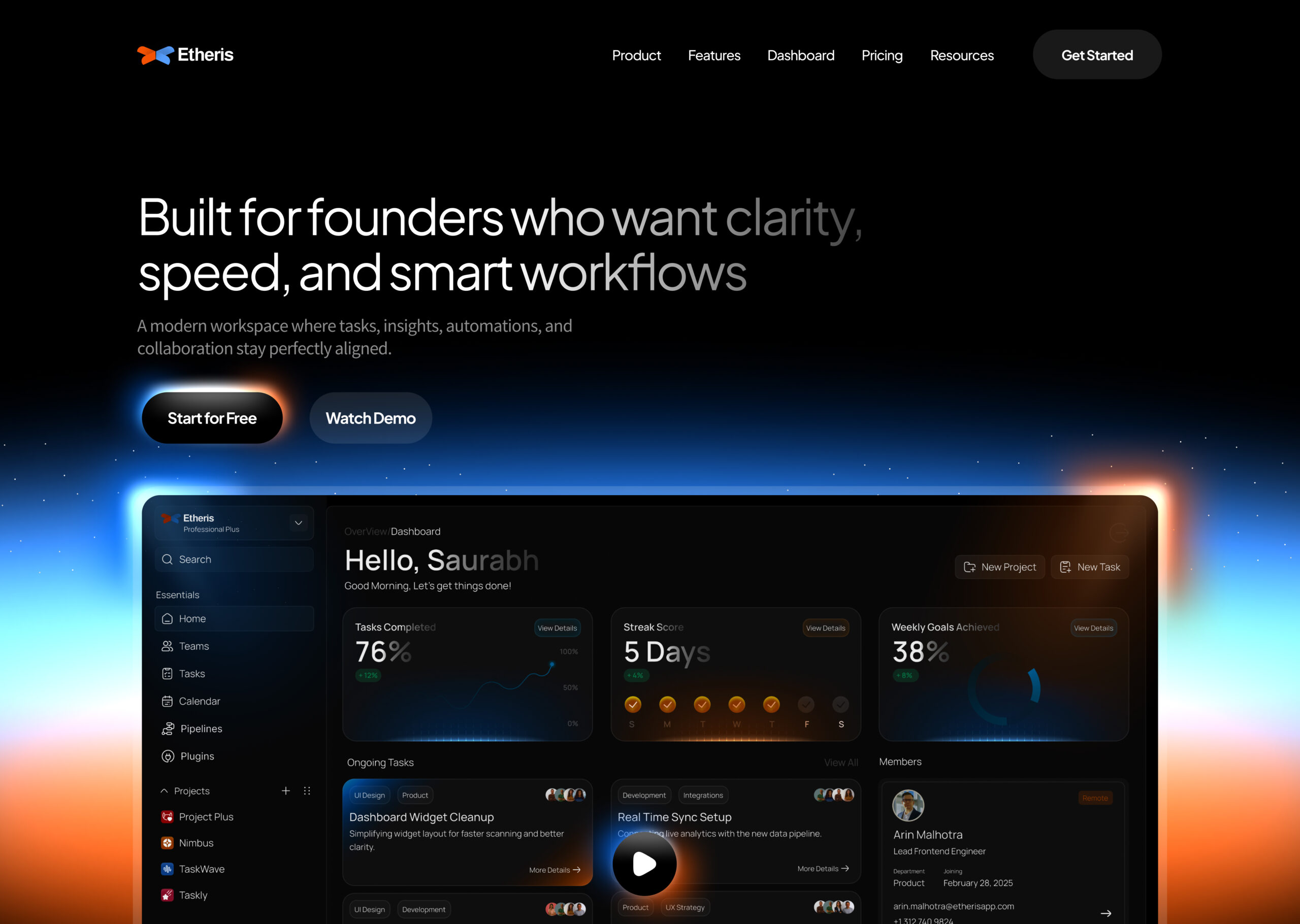 Premium brand website design by Aesthetic digital marketing agency: Etheris hero section