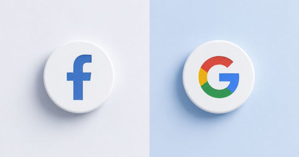 Two circular logos on a plain background: Facebook logo on the left and Google logo on the right.
