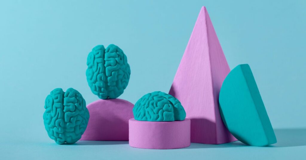 Colorful geometric shapes and teal brain models arranged artistically on a blue background, symbolizing creativity and intell