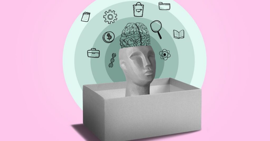 A stylized sculpture of a head with a brain, surrounded by icons representing creativity and innovation, against a pink backg
