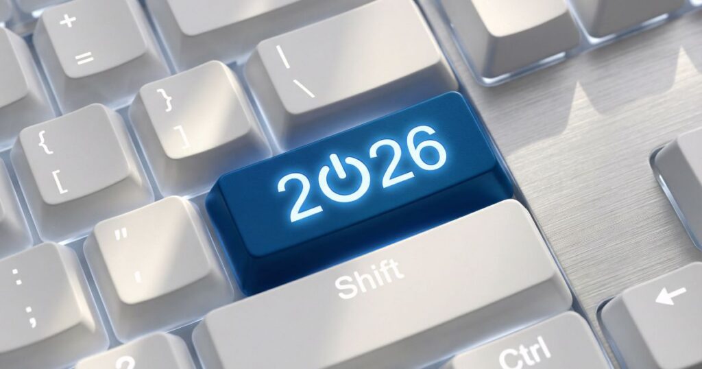 Blue keyboard key displaying "2026," symbolizing forward-thinking and future planning in technology.