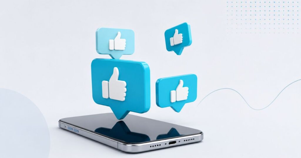 Smartphone displaying floating blue like icons, symbolizing social media engagement and digital interaction.