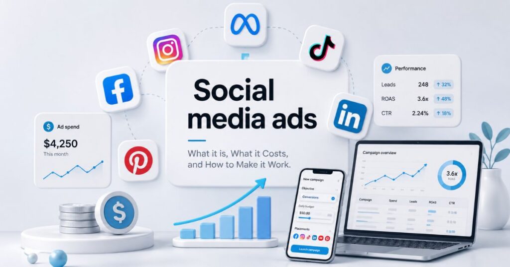 Infographic on social media ads featuring costs, performance metrics, and a laptop displaying campaign overview.