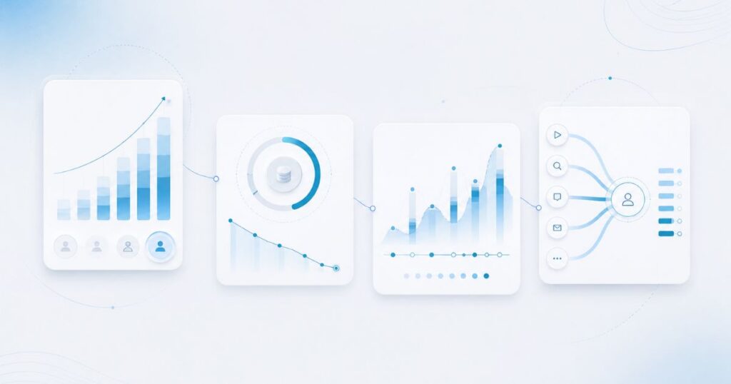 Abstract data visualization with blue graphs and charts depicting trends, analytics, and user engagement metrics.