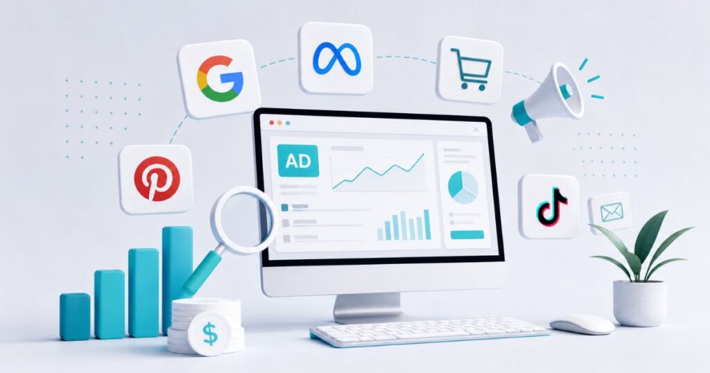 A computer displaying digital marketing analytics, surrounded by icons of social media platforms and advertising tools.