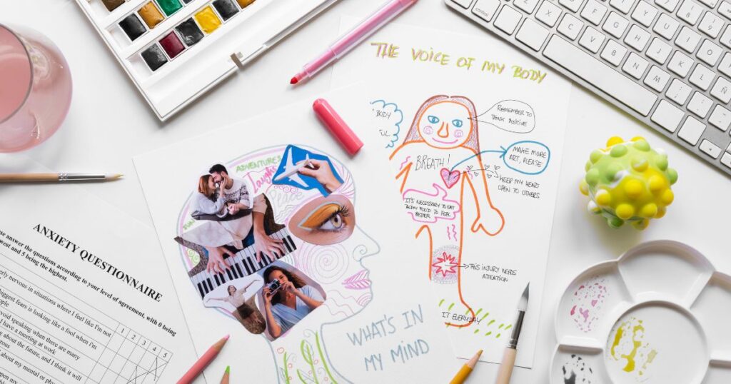 Creative workspace featuring colorful sketches, notes on mental health, and artistic tools, promoting self-expression and wel