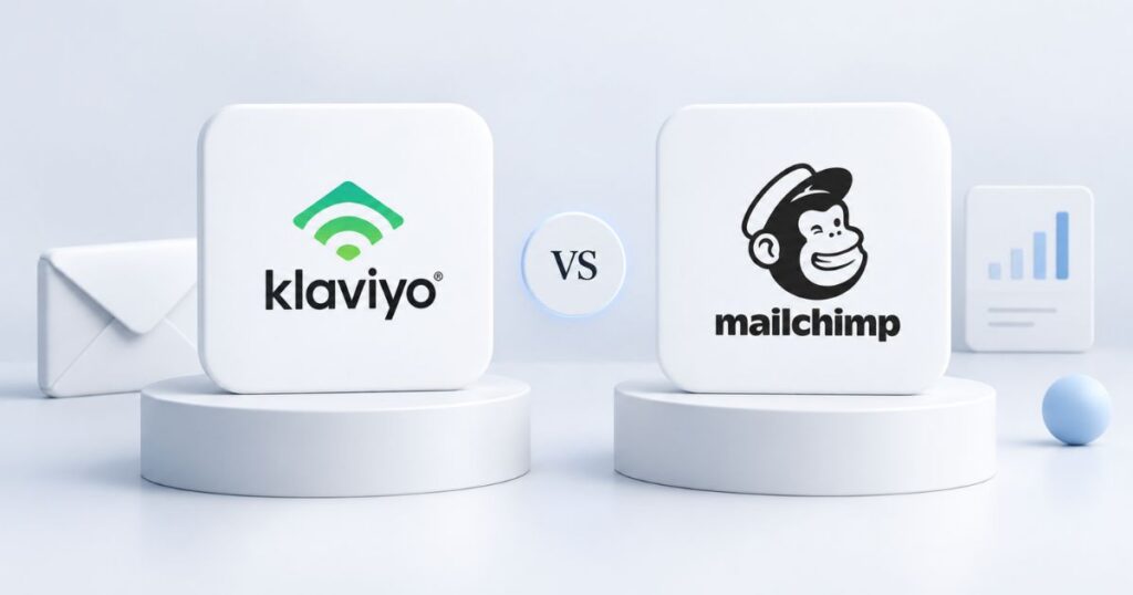 Comparison of Klaviyo and Mailchimp logos on circular pedestals, symbolising an email marketing showdown.