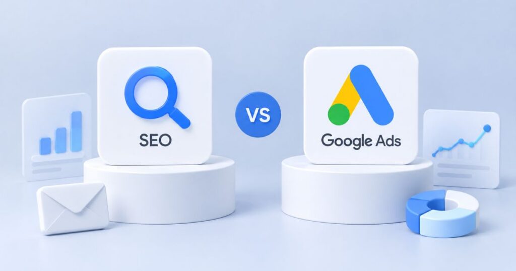 Graphic comparing SEO and Google Ads with icons representing each, highlighting their differences in digital marketing.