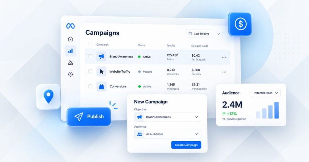 Dashboard display for managing online advertising campaigns, featuring metrics like reach, clicks, and audience statistics.