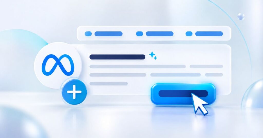Blue and white digital interface featuring Meta logo and clickable button, emphasizing user interaction and design.