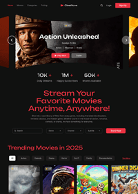 Streaming platform homepage showcasing trending movies in 2025, featuring a soldier and vibrant promotional banners.