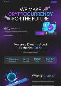 A vibrant homepage for a decentralized cryptocurrency exchange highlighting its features, users, and industry stats.