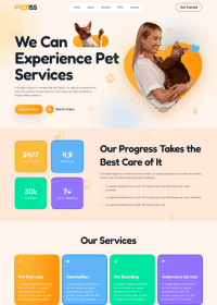 A woman joyfully holds a cat, promoting pet care services on a colorful website designed for pet health and well-being.
