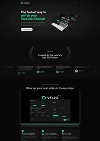 Homepage of Velio, featuring a laptop displaying tools to enhance YouTube channels, emphasizing quick growth solutions.