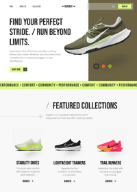 Nike running shoes showcased on a website, emphasizing performance, comfort, and diverse collections for runners.